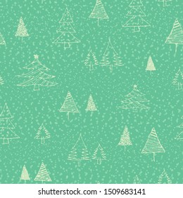 Doodle Christmas trees icons seamless pattern on a green background. Christmas trees with snow, snowflacks, thin line doodle in cartoon style. Gift wrap. Gift package. Stationery, invitations, cards. 
