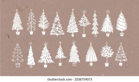 Doodle Christmas Trees On Brown Parcel Paper Background