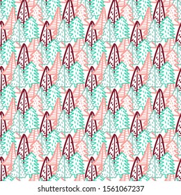 Doodle Christmas Trees Seamless Pattern. Hand Drawn Simple New Year Background. Winter Forest Textile and Wrapping Paper Design. Vector Sketch Illustration.