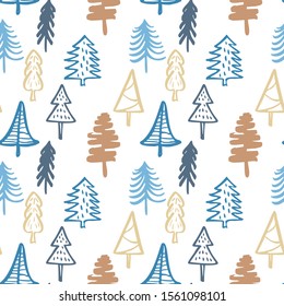 Doodle Christmas Trees Seamless Pattern. Hand Drawn Simple New Year Background. Winter Forest Textile and Wrapping Paper Design. Vector Sketch Illustration.