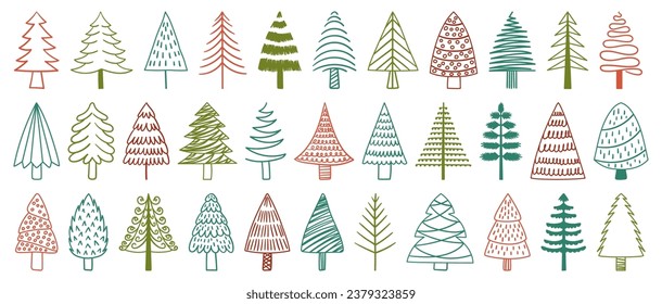 Doodle Christmas Trees Set. Whimsical Collection Of Hand-drawn Holiday Trees, Linear Pines and Spruces, Perfect For Adding Festive Charm To Seasonal Decorations And Crafts. Cartoon Vector Illustration