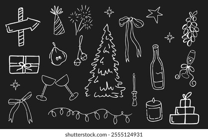 Doodle Christmas winter elements. Hand drawn chalk vector set