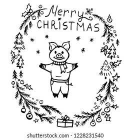 Doodle Christmas wreath and cute pig and Christmas inscription black outline