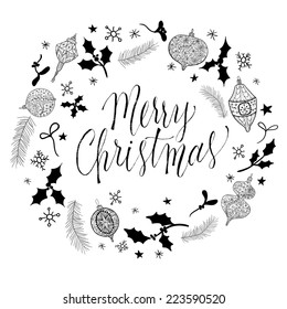 Doodle Christmas wreath with handmade lettering.