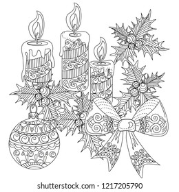 Doodle Christmas wreath for holly and Tree Ornament. Art therapy coloring page.