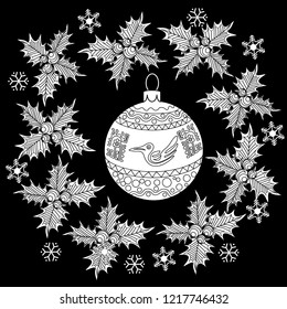 Doodle Christmas wreath for holly and Tree Ornament. Art therapy coloring page.