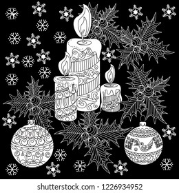 Doodle Christmas wreath for holly and Tree Ornament. Art therapy coloring page.