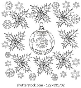 Doodle Christmas wreath for holly and Tree Ornament. Art therapy coloring page.