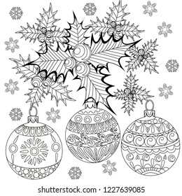 Doodle Christmas wreath for holly and Tree Ornament. Art therapy coloring page.