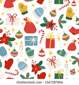 Doodle Christmass pattern with santa hat, omela and candy cane