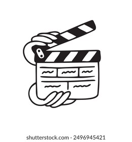 Tablero de clapper de cine Doodle. Dibujado a mano película clapperboard para la producción de películas. Ilustración vectorial