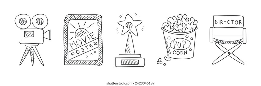 Icono de cine Doodle y conjunto de vectores de elementos de línea