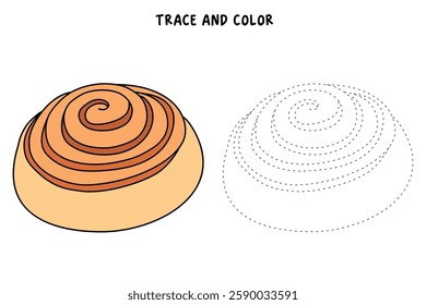 Doodle cinnamon roll coloring pages for kids. Trace and color cinnamon roll. Delicious cinnamon roll  icon, clip art, element, vector illustration in flat style.