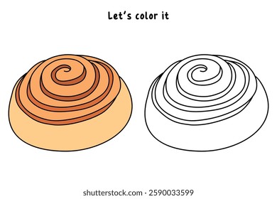 Doodle cinnamon roll coloring pages for kids. Trace and color cinnamon roll. Delicious cinnamon roll  icon, clip art, element, vector illustration in flat style.