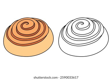 Doodle cinnamon roll coloring pages for kids. Trace and color cinnamon roll. Delicious cinnamon roll  icon, clip art, element, vector illustration in flat style.