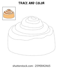 Doodle cinnamon roll coloring pages for kids. Trace and color cinnamon roll. Delicious cinnamon roll  icon, clip art, element, vector illustration in flat style.
