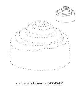 Doodle cinnamon roll coloring pages for kids. Trace and color cinnamon roll. Delicious cinnamon roll  icon, clip art, element, vector illustration in flat style.