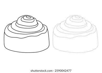 Doodle cinnamon roll coloring pages for kids. Trace and color cinnamon roll. Delicious cinnamon roll  icon, clip art, element, vector illustration in flat style.