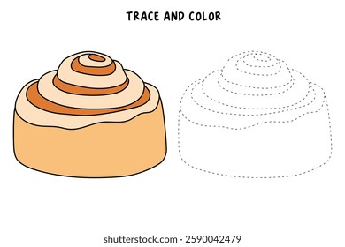 Doodle cinnamon roll coloring pages for kids. Trace and color cinnamon roll. Delicious cinnamon roll  icon, clip art, element, vector illustration in flat style.