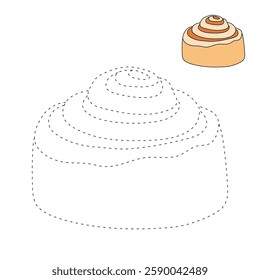 Doodle cinnamon roll coloring pages for kids. Trace and color cinnamon roll. Delicious cinnamon roll  icon, clip art, element, vector illustration in flat style.