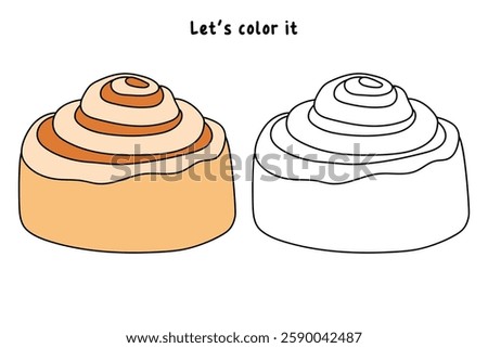 Doodle cinnamon roll coloring pages for kids. Trace and color cinnamon roll. Delicious cinnamon roll  icon, clip art, element, vector illustration in flat style.