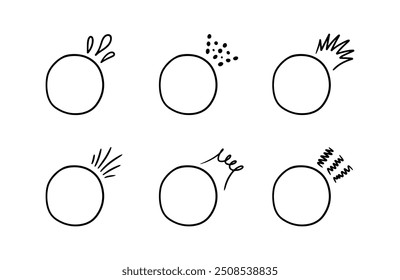 Doodle-Kreis-Klammern für Zitate mit Funkelstrahlen-Elementen. Handgezeichneter runder Linienrahmen für Titelüberschrift. Sprechblasenblocker für Dialog