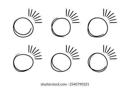 Doodle corchetes circulares para la cita con Elementos de rayos brillantes. Marco de línea redonda dibujado a mano para la ilustración del título. Blob de burbuja de discurso para el diálogo