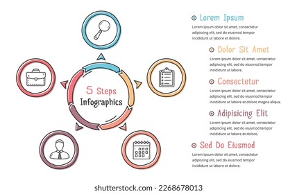 Doodle circle diagram with five elements with place for icons and text, handdrawn infographic template, vector eps10 illustration