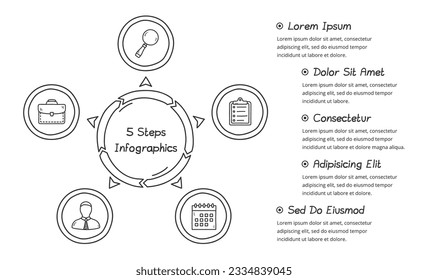 Doodle circle diagram with five elements with place for icons and text, handdrawn infographic template, vector eps10 illustration