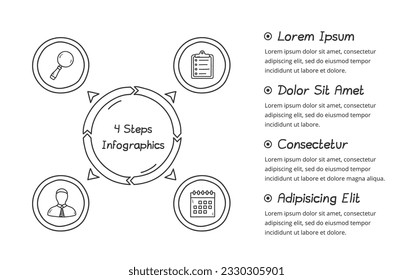 Diagrama de círculo Doodle con cuatro elementos con lugar para iconos y texto, plantilla de infografía dibujada a mano, vectorial eps10 ilustración