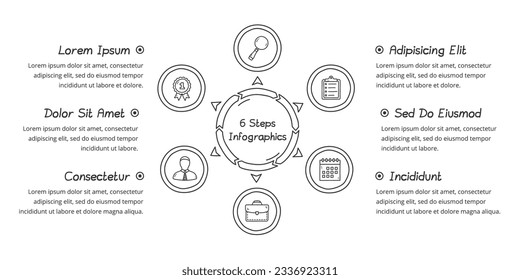 Diagrama de círculo Doodle con seis elementos con lugar para iconos y texto, plantilla de infografía dibujada a mano, vectorial eps10 ilustración