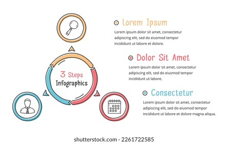 Doodle circle diagram with three elements with place for icons and text, handdrawn infographic template, vector eps10 illustration