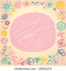 Doodle circle frame. Gift card and sample text. Light background. Template for design cartoon greeting card, wedding invitation, Valentines day background