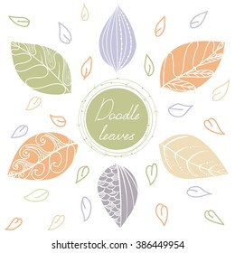 Doodle circle frame with hand drawing leaves isolated on white background. Hand drawn vector illustration isolated on white background.