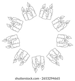 Doodle circle frame with hand drawn candles in cozy festive style. Vector illustration for holiday packaging, winter labels, seasonal decor and warm celebration isolated on white with copy space