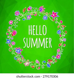 Doodle circle frame with text hello spring. Vector colorful design for spring or summer design for invitation, wedding or greeting cards