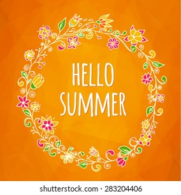 Doodle circle frame with text hello spring. Vector colorful design for spring or summer design for invitation, wedding or greeting cards