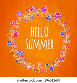 Doodle circle frame with text hello summer. Vector colorful design for spring or summer design for invitation, wedding or greeting cards