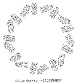 Doodle circle frame with warm winter mittens in festive style. Vector hand drawn illustration for seasonal packaging, cozy labels, holiday decor and kids design isolated on white with copy space