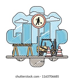 doodle circle laborer embblem and forklift with caution equipment