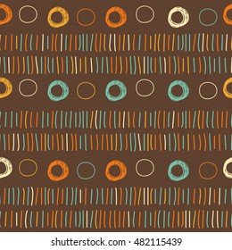 Doodle circle and line seamless pattern background. Hand drawn abstract shapes isolated on brown for use in design card, invitation, book, album, poster, brochures, notebook etc. Coffee theme colors.