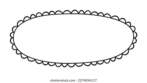 Doodle circle oval scalloped frame. Hand drawn scalloped edge ellipse shape. Simple round label form. Flower silhouette lace frame. Vector illustration isolated on white background.