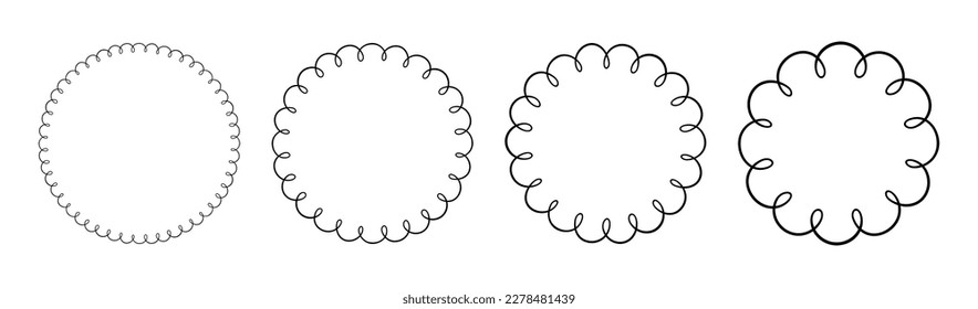 Doodle circle and oval scalloped frames. Hand drawn scalloped edge ellipse shapes. Simple round label form. Flower silhouette lace frame. Vector illustration isolated on white background.