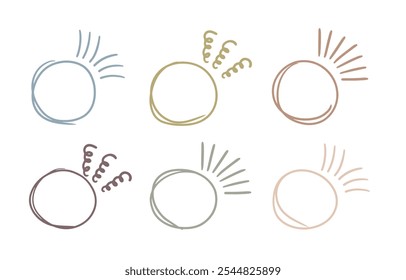 Doodle circle pastel brackets for quotation with sparkle ray elements. Hand drawn color round line frame for title headline illustration. Pastel speech bubble blob for dialog