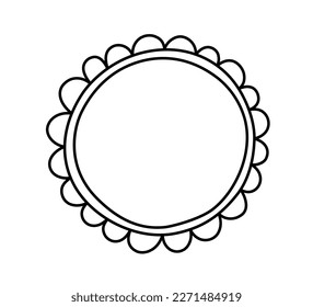 Doodle circle scalloped frame. Hand drawn scalloped edge ellipse shape. Simple round label form. Flower silhouette lace frame. Vector illustration isolated on white background.