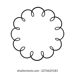 Doodle circle scalloped frame. Hand drawn scalloped edge ellipse shapes. Simple round label form. Flower silhouette lace frame. Vector illustration isolated on white background.