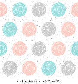Doodle circle seamless background. Grey, blue and pink circle. Abstract childish circle pattern for christmas card, new year invitation, poster, book cover, textile fabric, garment. 