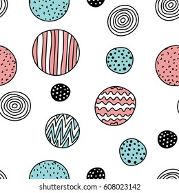 Doodle circle seamless background. Wavy, dotted and striped circle. Abstract rounds seamless pattern for card, invitation, poster, banner, placard, diary, album, sketch book cover etc.