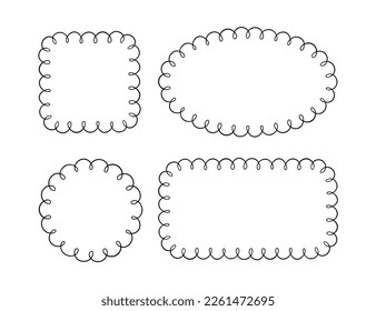 Doodle circle and square scalloped frames. Hand drawn scalloped edge rectangle and ellipse shapes. Simple label form. Flower silhouette lace frame. Vector illustration isolated on white background.