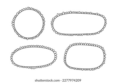 Doodle circle and square scalloped frames. Hand drawn scalloped edge rectangle and ellipse shapes. Simple label form. Flower silhouette lace frame. Vector illustration isolated on white background.